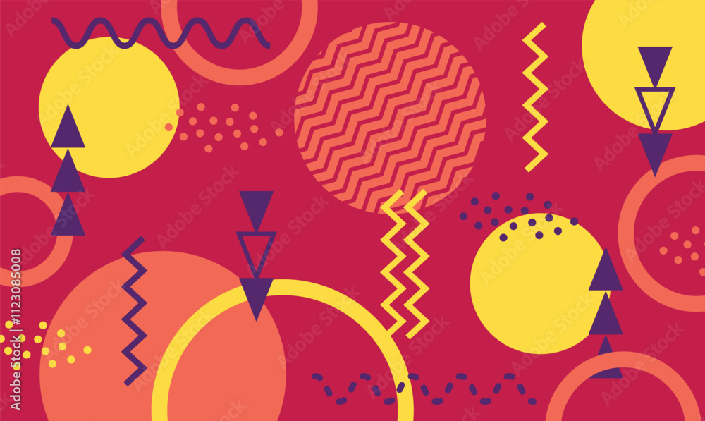 Poster vibrant geometric shapes and patterns creating a dynamic memphis design background, featuring circle