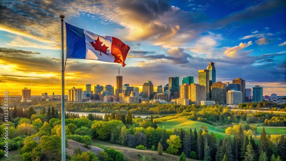 Poster stunning representation of alberta's flag with scenic backdrop of calgary and edmonton in rule of th