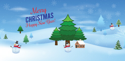 Fototapeta premium Merry Christmas and Happy New Year Winter Scene with Snowman. Merry christmas happy new year and winter background. Christmas Tree