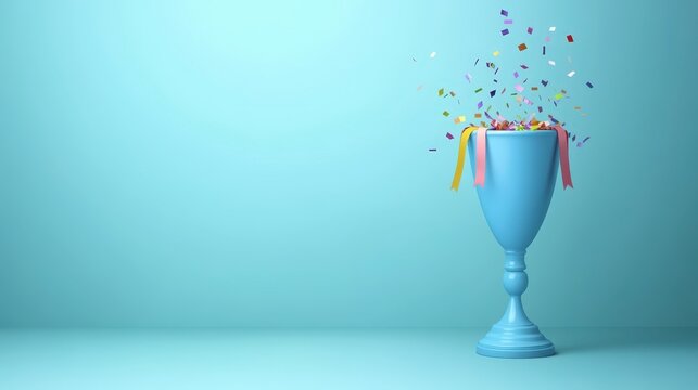 Festive Blue Trophy Cup with Confetti Ribbons Celebration Success Award