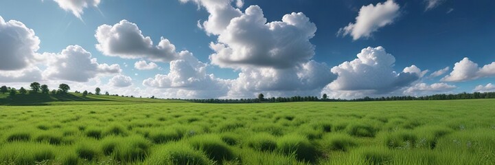 Obraz premium beautiful view of a blue sky with fluffy clouds and a lush green field, landscape view, lush green field, nature scenery