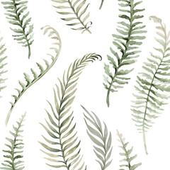 Naklejka premium Seamless watercolor pattern with white flowers, berries, fern and leaves. Botanical illustration background fabric
