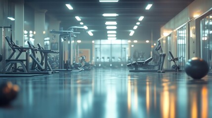 Blurred clean gym environment with well-organized exercise stations, polished floors, spacious area and well-organized equipment