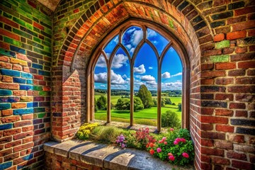Stunning Stained Glass Window of an Old Brick Church Showcasing Historic Medieval Architecture Against a Blue Sky in a Serene Landscape Setting