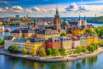 Fototapeta premium Stunning Stockholm Landscape: A Panoramic View of the Old European City Showcasing Scandinavian Architecture and Charming Waterfronts in Vibrant Colors