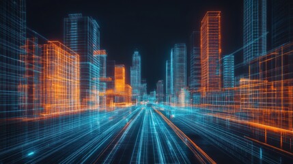 Fototapeta premium Futuristic Cityscape: A Digital Wireframe Metropolis at Night