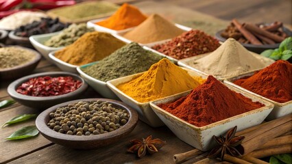 Fototapeta premium Colorful array of Indian spices on a wooden table, colorful powders, fragrant aroma, aromatic herbs