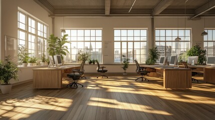 Fototapeta premium Clean and tidy open office with desk computers and bright natural light
