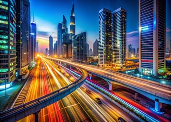 Fototapeta premium Stunning Tilt-Shift Photography Capturing Traffic Trails Along Sheikh Zayed Road by Metro Station in Dubai, Showcasing Urban Life and Dynamic Movement at Night