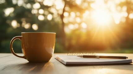 Obraz premium Sunrise Coffee Break Notebook Pen Mug Peaceful Outdoor Scene