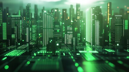 Obraz premium Futuristic Green Cityscape: A Digital Metropolis at Night