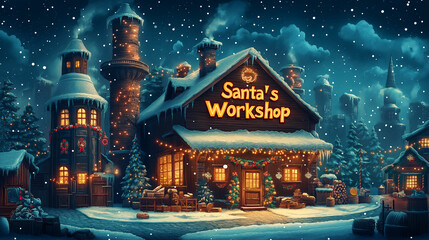 Cozy factory exterior adorned with Christmas lights, snow, and festive, with a large that reads Santa’s Workshop