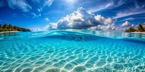 Obraz premium Stunning Underwater Scene with Blue Ocean Water Waves and Sandy Sea Bottom in Wide Panorama, Ideal for Pool Background or Marine Life Illustrations