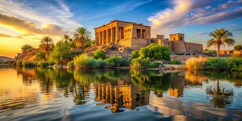 Fototapeta premium Stunning View of the Temple of Philae from the Nile River, Capturing Ancient Egyptian Architecture Amidst Lush Scenery and Reflections on the Water's Surface