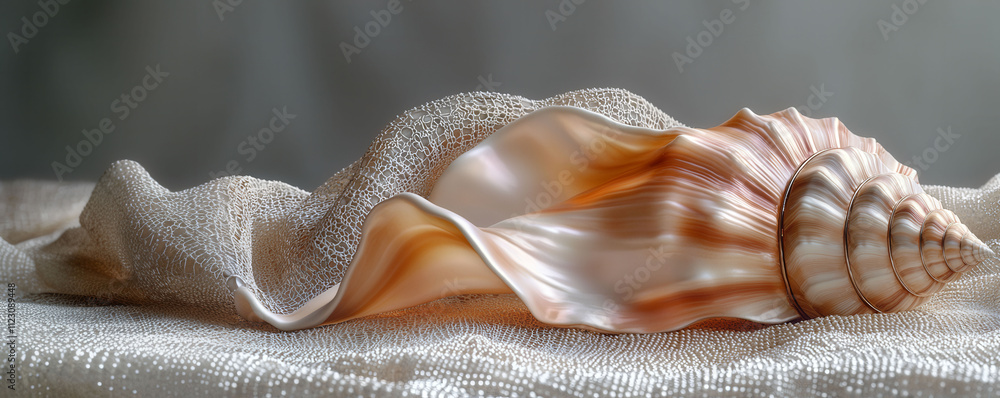 Poster a shell is laying on a white cloth with a patterned background.