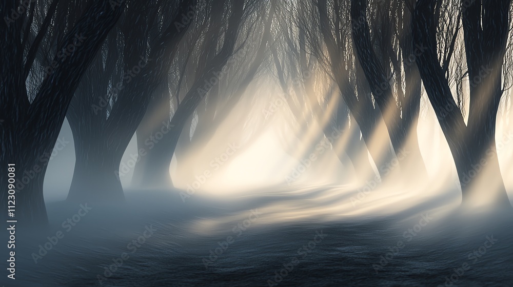 Poster a misty forest path with ethereal light filtering through dark trees.