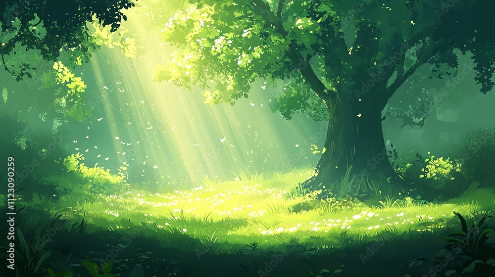 Poster a serene forest scene with sunlight filtering through trees, creating a peaceful atmosphere.