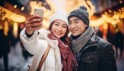 クリスマスの街中　自撮りするカップル