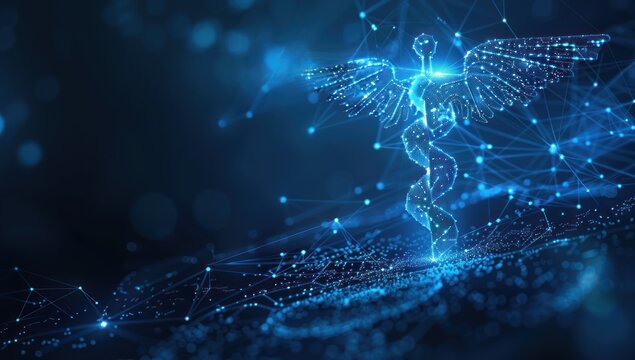 Digital Caduceus Symbol on a Blue Network