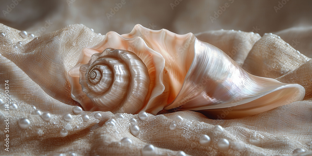 Poster a shell is laying on a white cloth with a patterned background.
