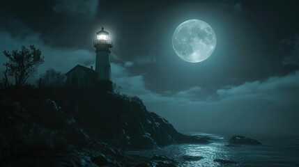 A big full moon lighting up an abandoned lighthouse on a rocky shore, its beam piercing through the darkness