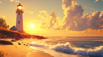 Obraz premium A charming lighthouse by the beach, basking in the warm, golden glow of the setting sun, as waves crash gently on the shore.