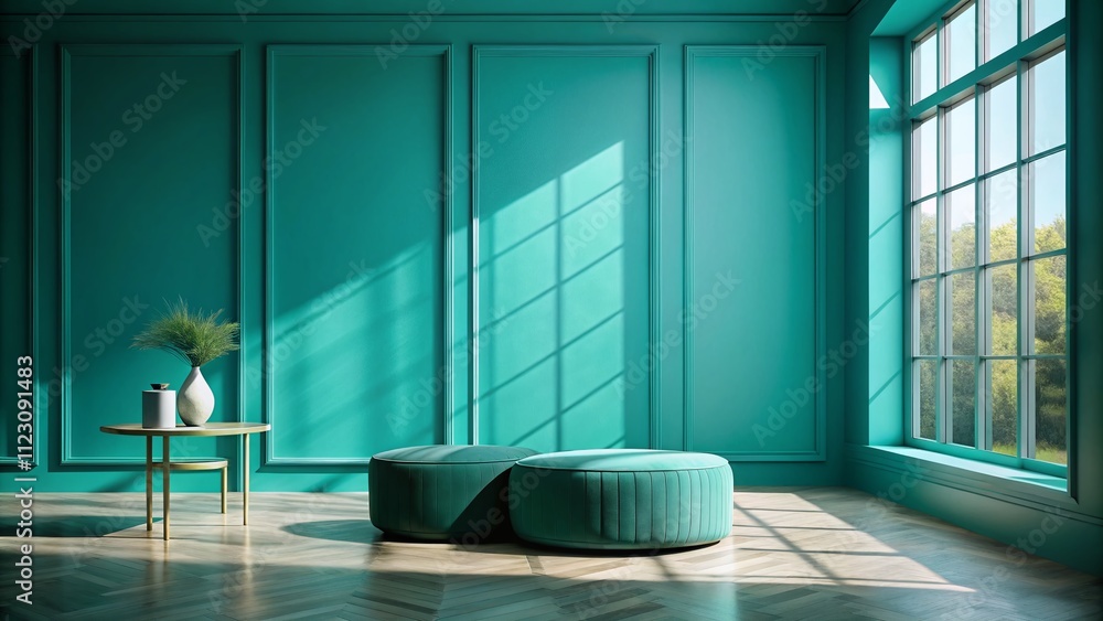 Poster stylish turquoise business showcase with empty podium space and teal painted wall in a modern room f