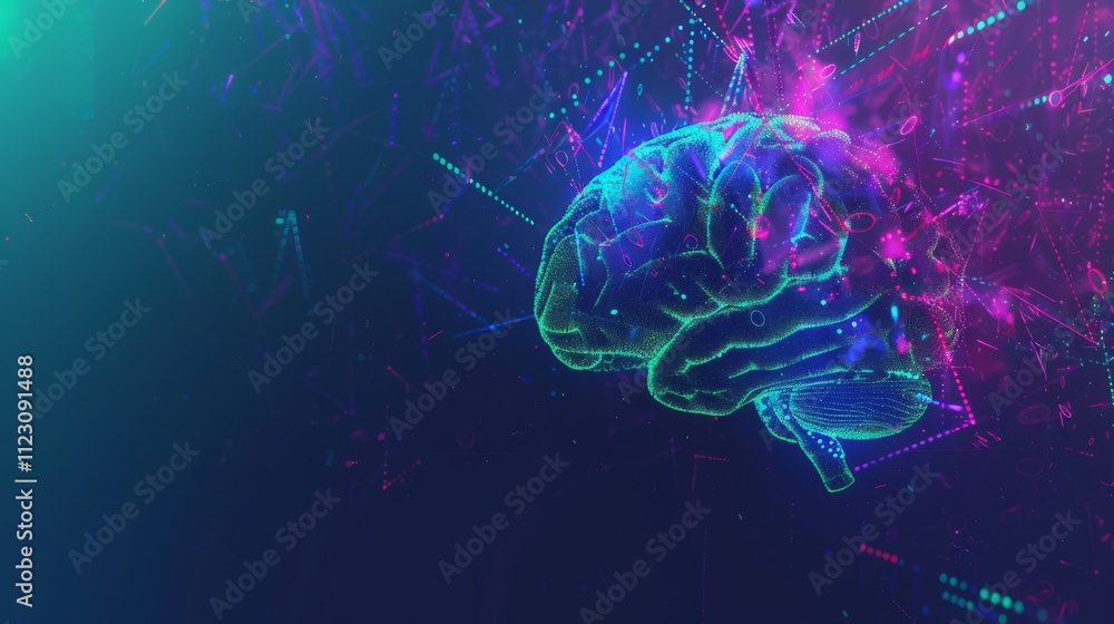 Poster brain with neon colors on a dark background, surrounded by glowing lines and symbols. concept of tec