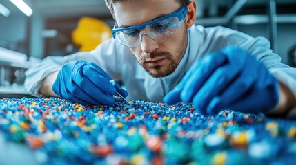 Scientist measuring recycled plastic granules for quality assurance in a circular economy lab
