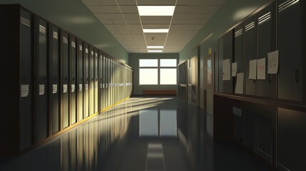Fototapeta premium Empty school hallway, a silent testament to the passage of time and the fleeting nature of youth, where memories of laughter and learning linger in the air, waiting to be rediscovered.