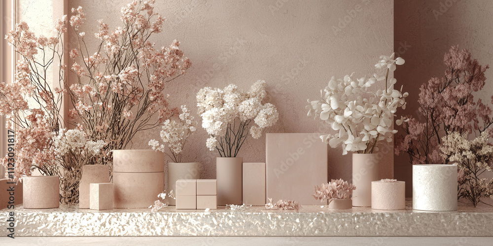 Poster a white and pink floral arrangement is displayed on a shelf. the flowers are arranged in various vas