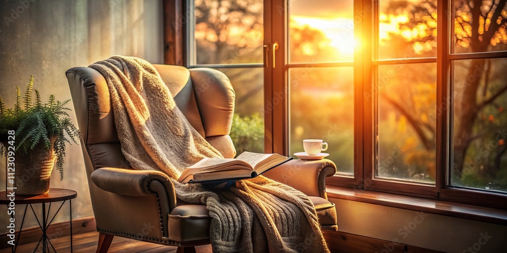 Poster sunlit cozy chair with open book and soft blanket by window capturing the essence of relaxation in a