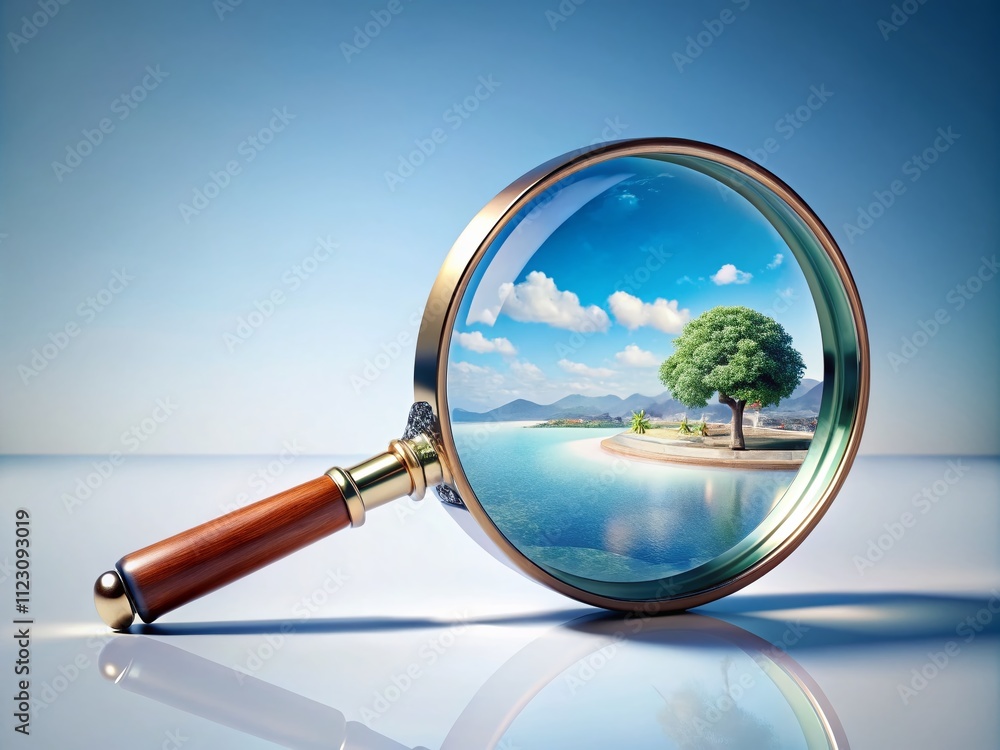Poster surreal 3d magnifying glass on a white background creating an illusion of depth and focus, perfect f