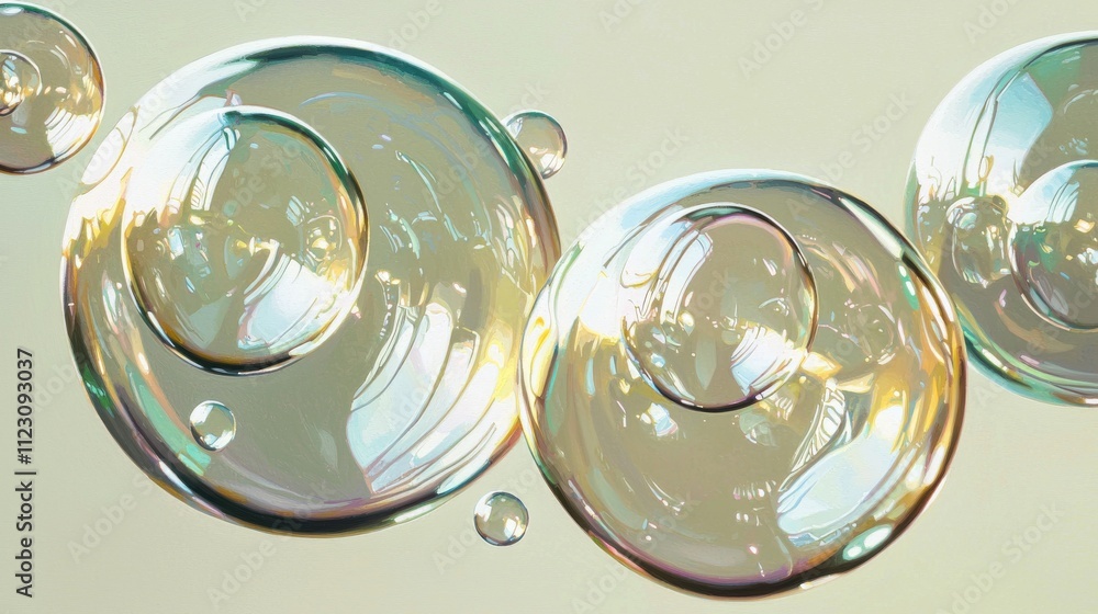 Poster abstract image of iridescent bubbles floating on a pastel background.