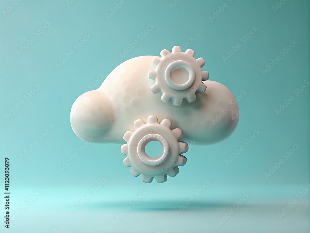Poster surreal 3d rendering of white cloud and gears in cute clay animation style against a light blue back