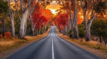 A scenic road lined with vibrant autumn trees, leading into a warm sunset, showcasing the beauty of nature and seasonal change.