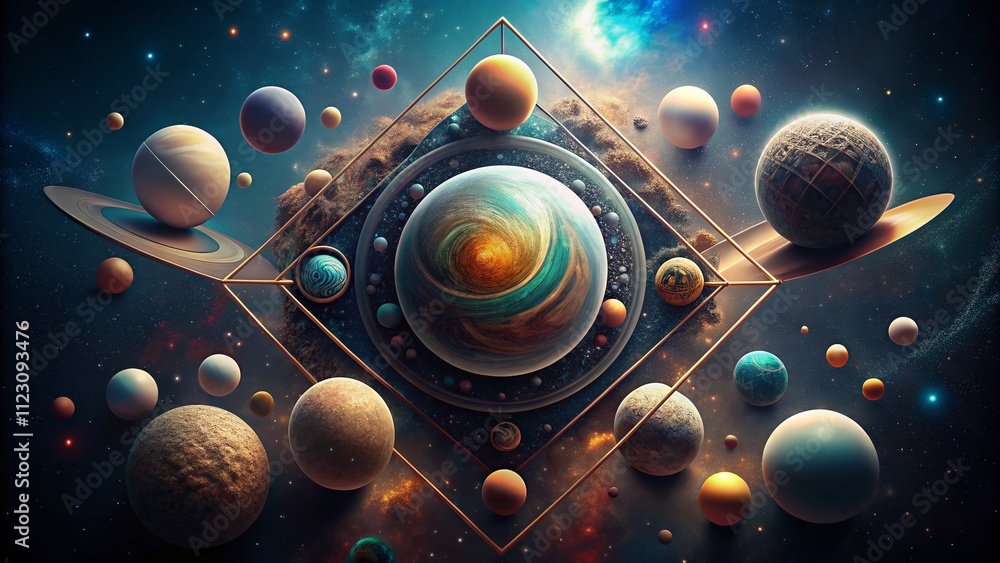 Poster surreal abstract geometric shapes and planets in a dither effect representing the solar system and u