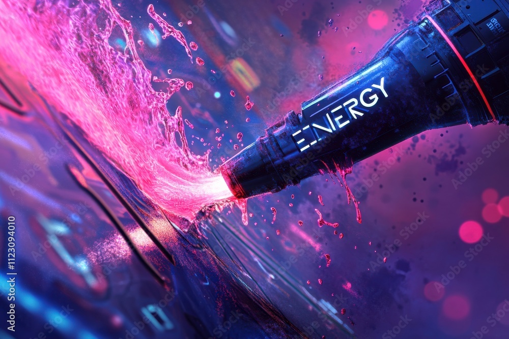 Poster vivid glowing blue nozzle flowing dynamic liquid with high-tech effects in a stunning gradient backg