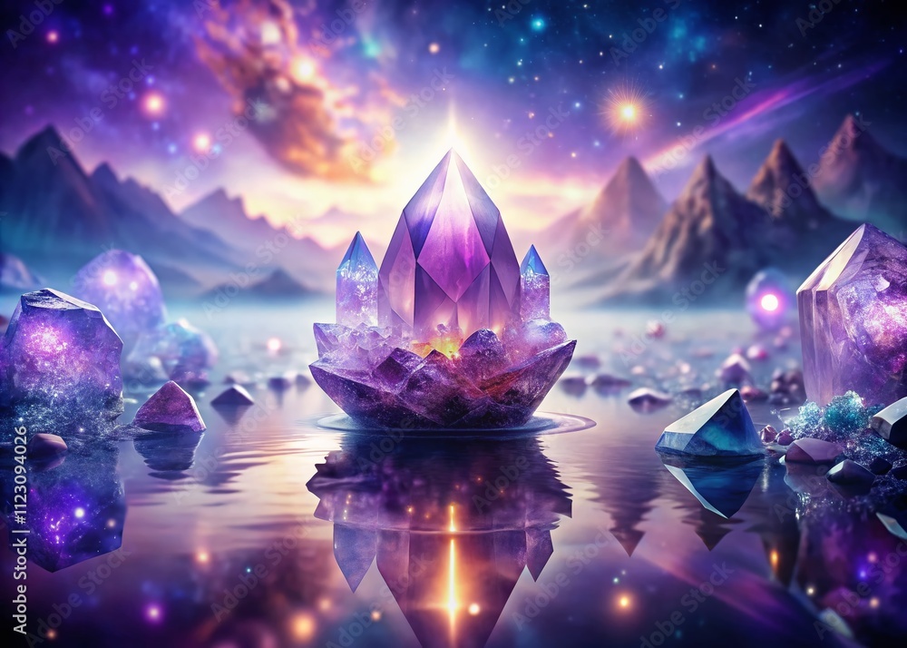 Poster surreal amethyst dreamscape with floating crystals and ethereal light reflections in a mystical atmo