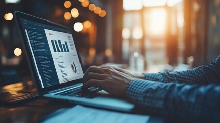 Small business owner working at desk with laptop and sales report document