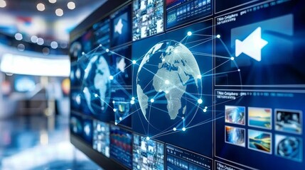 Abstract digital globe showcasing global network connections and floating media content imagery