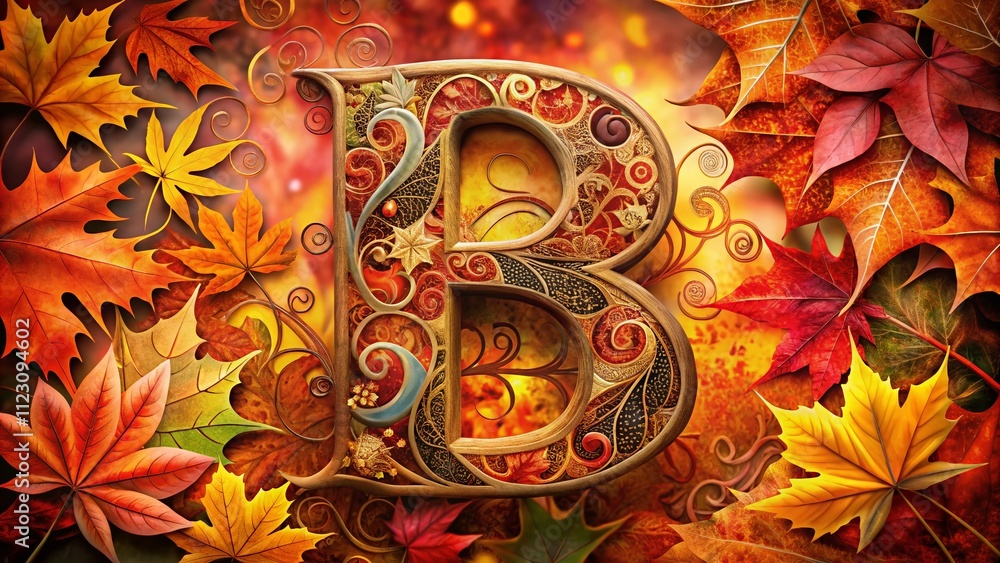 Poster surreal autumn alphabet: letter b embellished with colorful swirls, capturing the essence of fall wi