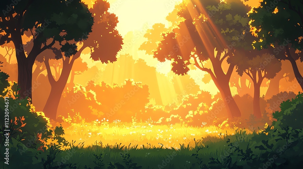 Poster a serene forest scene with sunlight filtering through trees, creating a warm, inviting atmosphere.