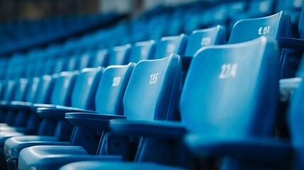 Obraz premium Rows of blue stadium seats with seat numbers visible
