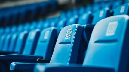 Obraz premium Rows of blue stadium seats with seat numbers visible