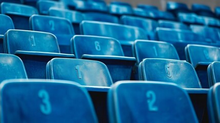 Obraz premium Rows of blue stadium seats with seat numbers visible