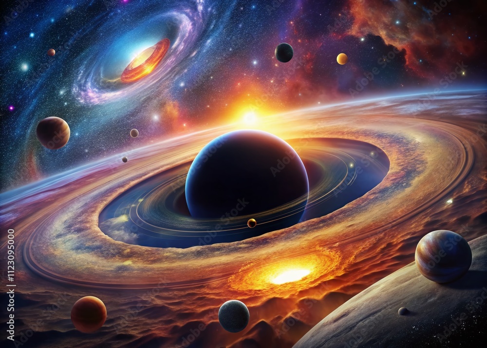 Poster surreal black hole surrounded by a fiery accretion disk with orbiting celestial bodies, illustrating