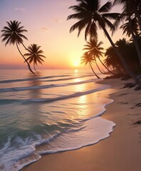 Seaside view of a beach at sunset with palm trees, water, beach