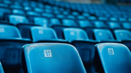 Naklejka premium Rows of blue stadium seats with seat numbers visible