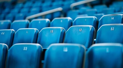 Rows of blue stadium seats with seat numbers visible